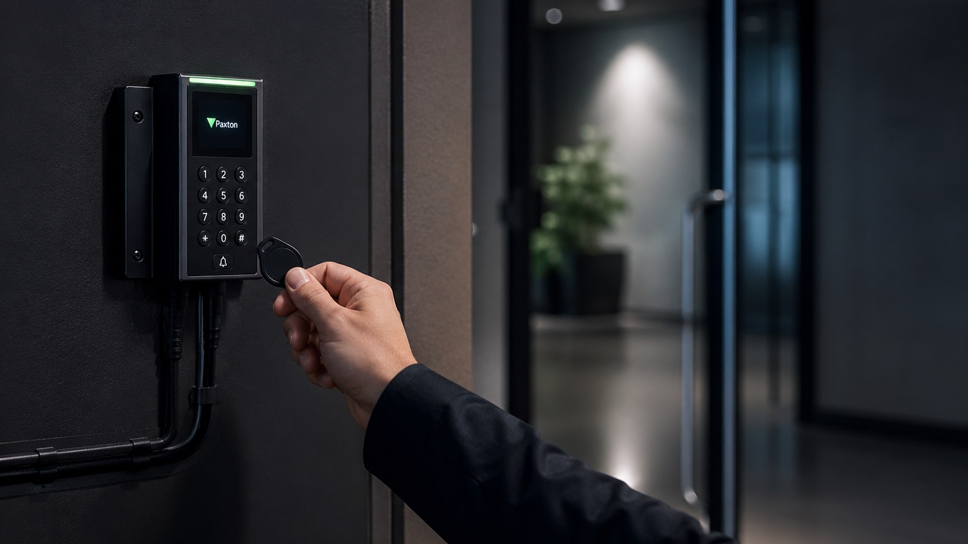 Access control reader installed on a commercial door